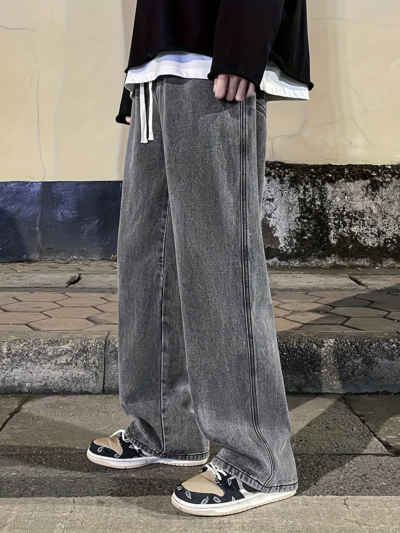 mens fashion solid loose fit straight leg jeans style denim pants for casual details 2