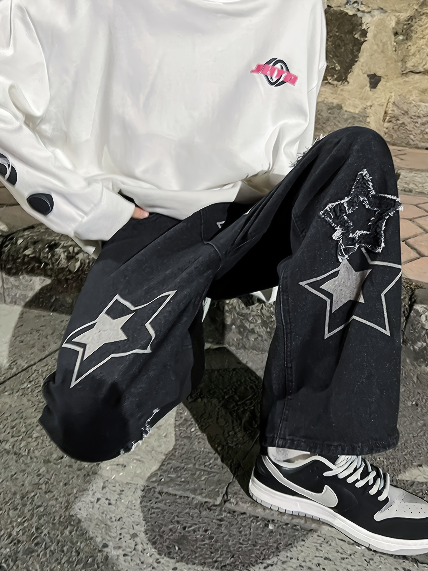 vintage mens korean denim pants y2k cltohes streetwear printed male baggy jeans straight trousers details 3