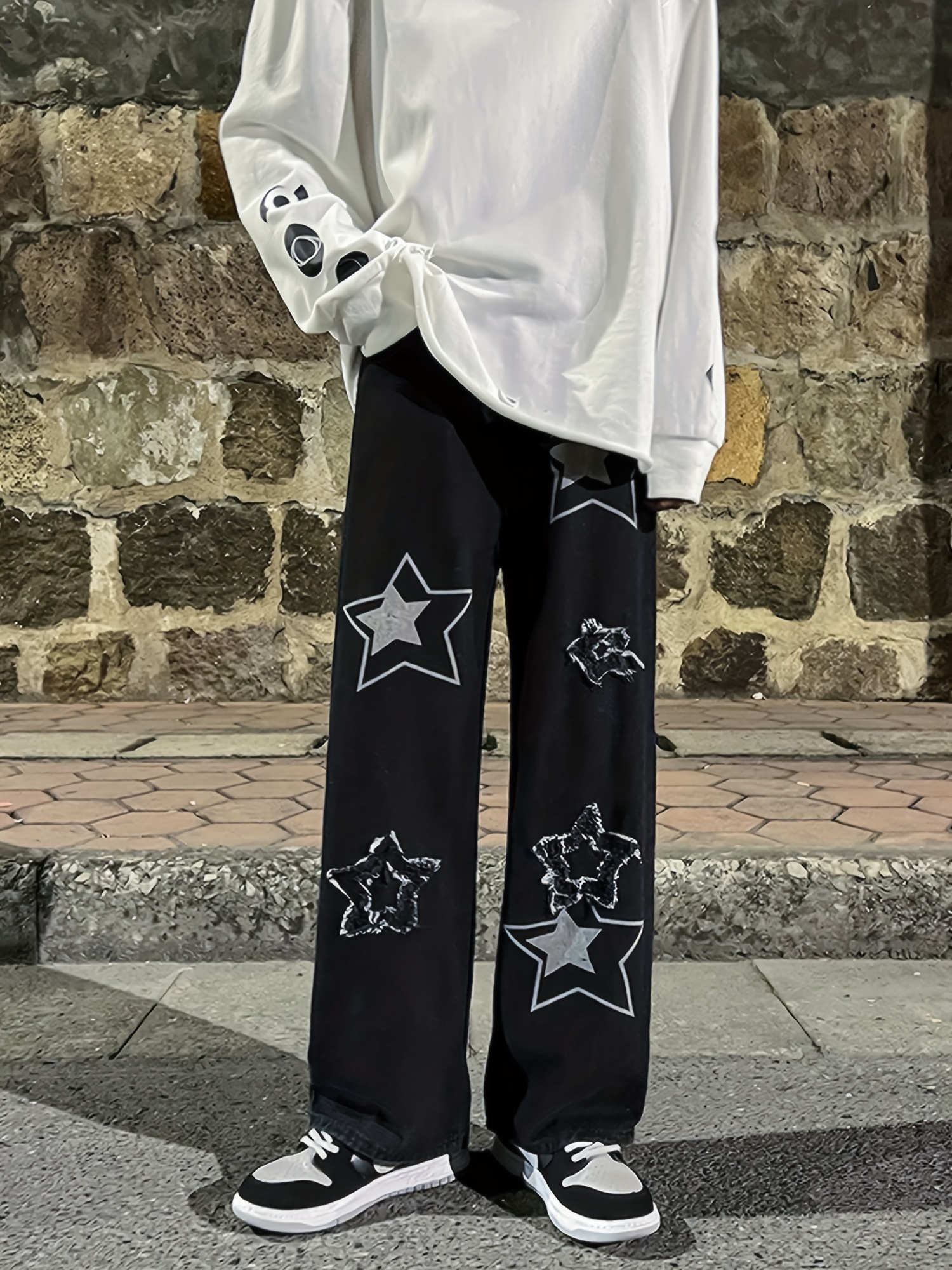 vintage mens korean denim pants y2k cltohes streetwear printed male baggy jeans straight trousers details 5