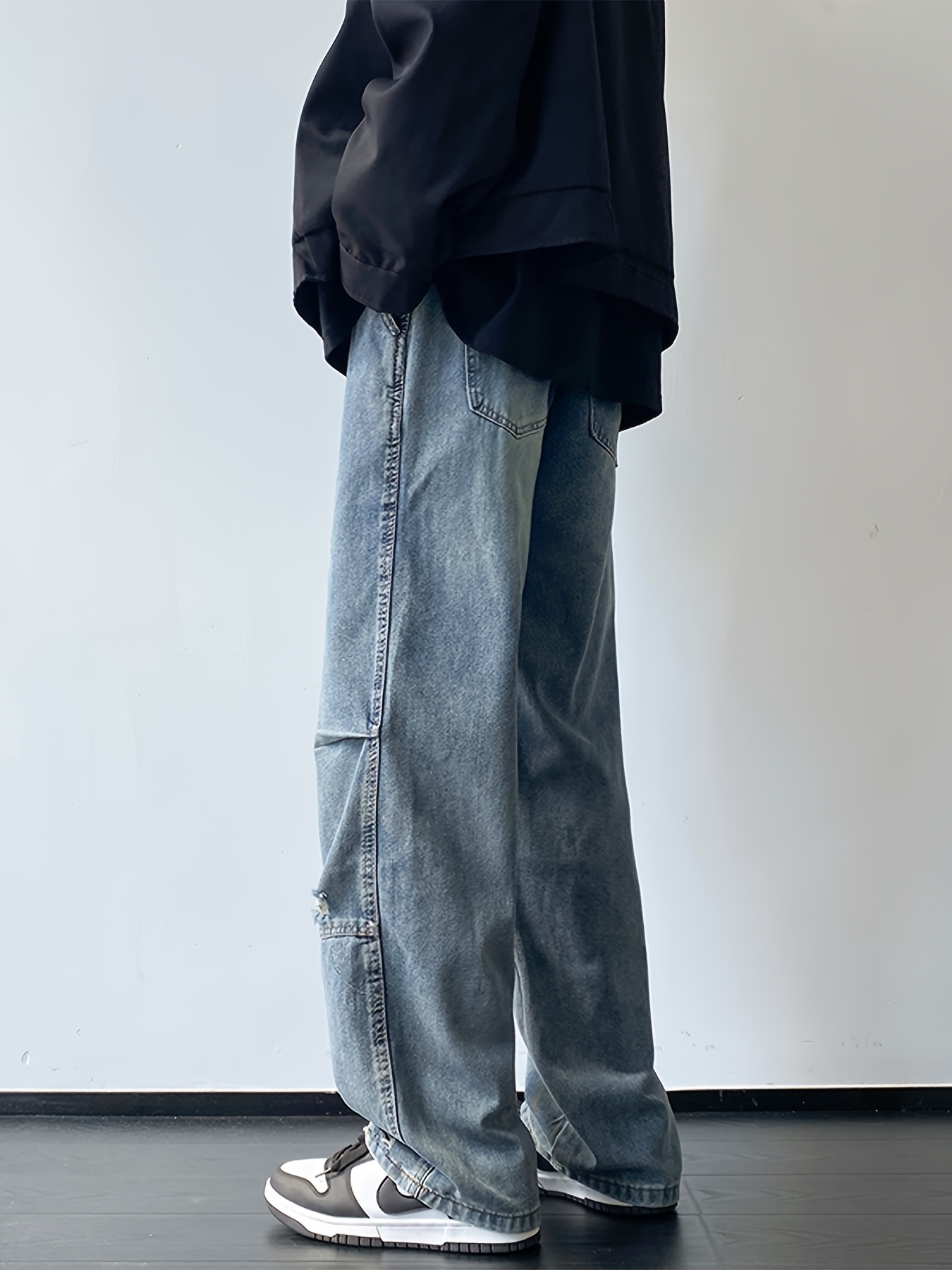 mens casual denim jeans with ripped waist regular fit non stretch solid with pockets zipper fly cotton denim for outdoor weekend activities details 3