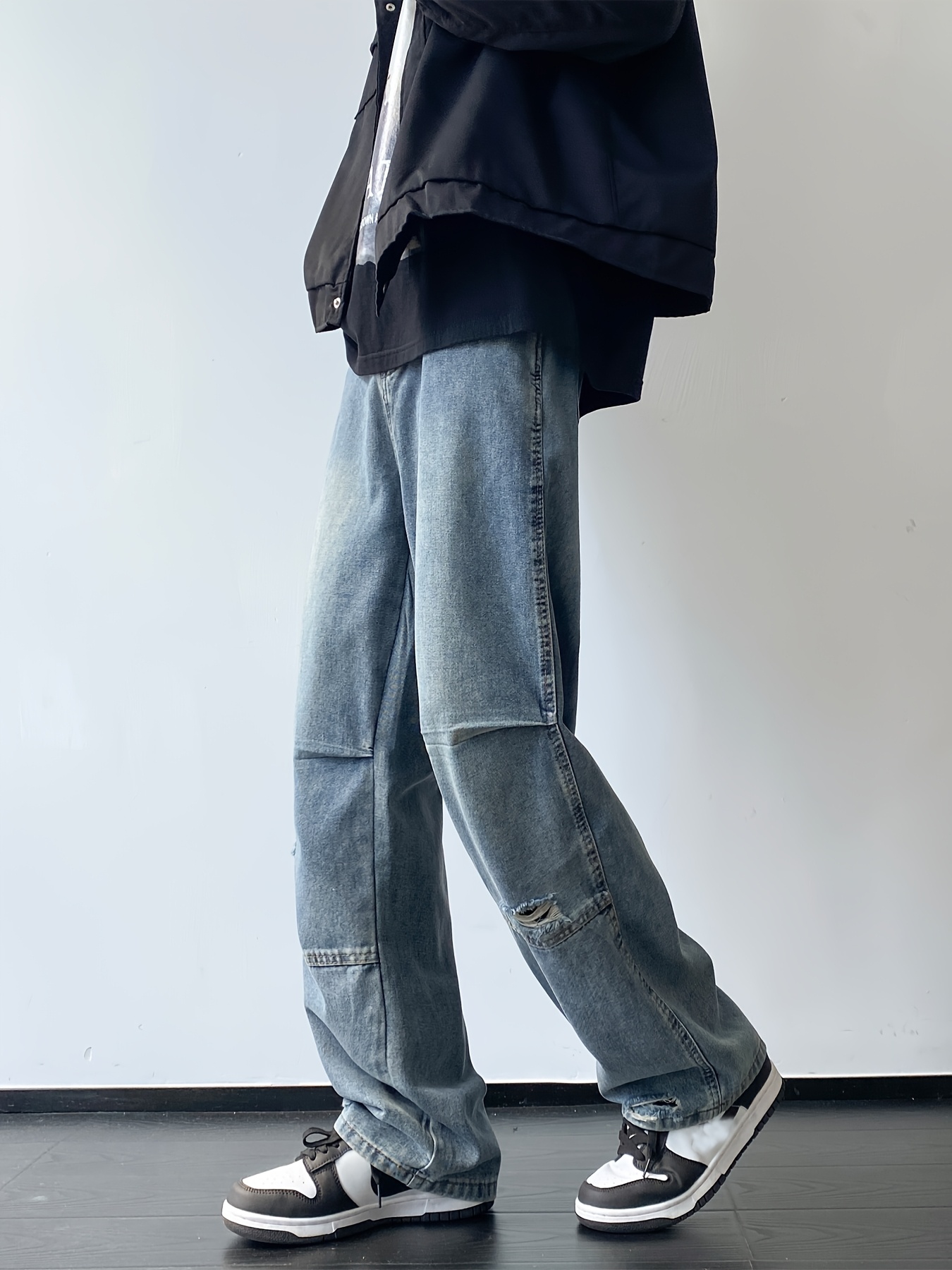 mens casual denim jeans with ripped waist regular fit non stretch solid with pockets zipper fly cotton denim for outdoor weekend activities details 5