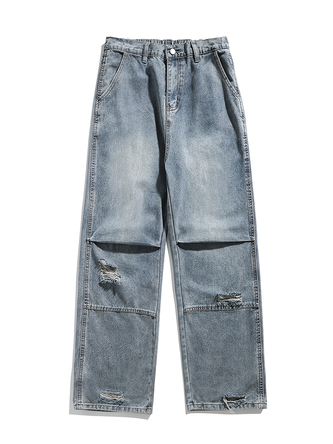 mens casual denim jeans with ripped waist regular fit non stretch solid with pockets zipper fly cotton denim for outdoor weekend activities details 7