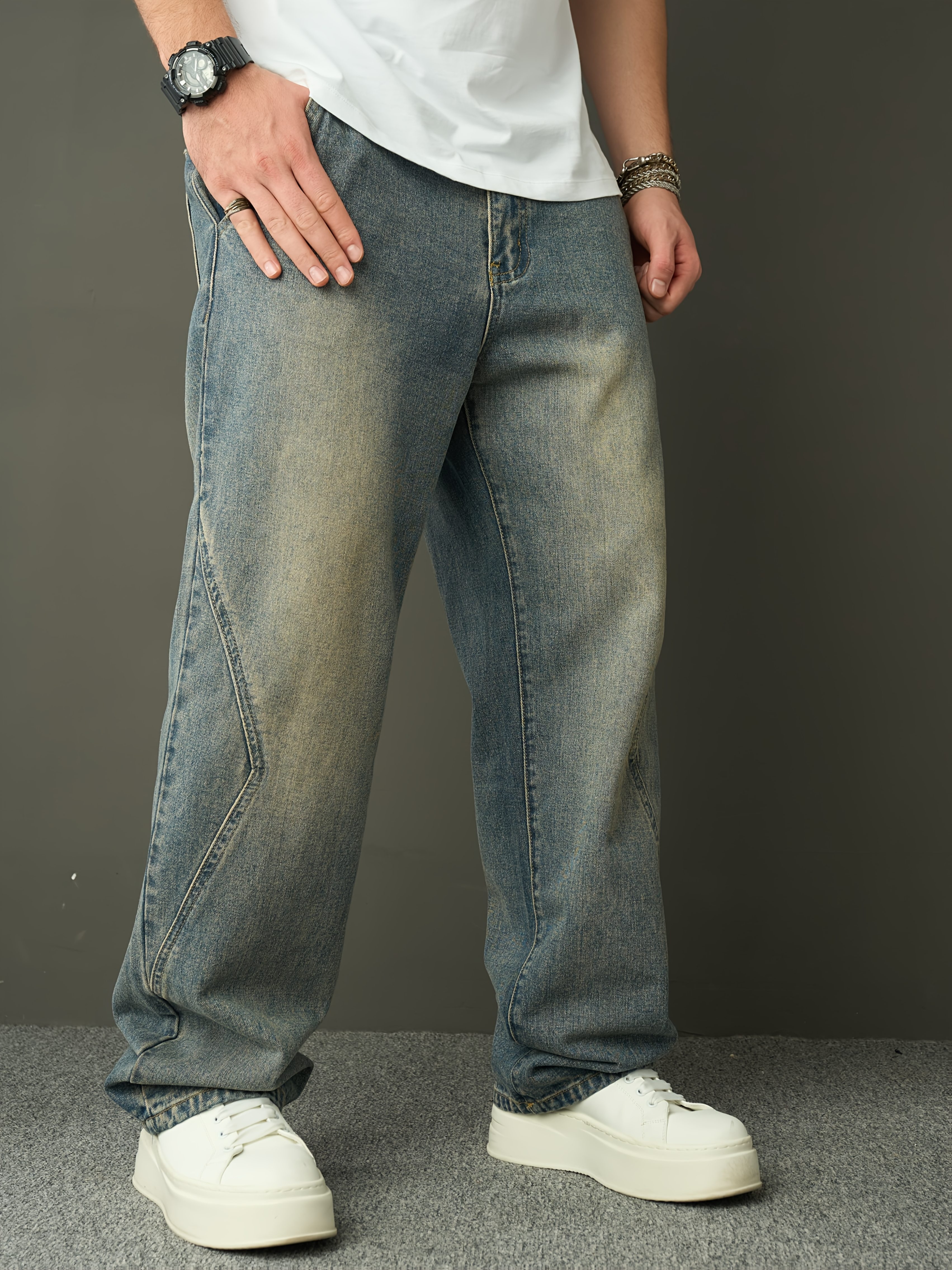 Men S Denim Washed Retro Casual Straight Leg Pants Fashionable And Loose Wide Leg Pants details 0
