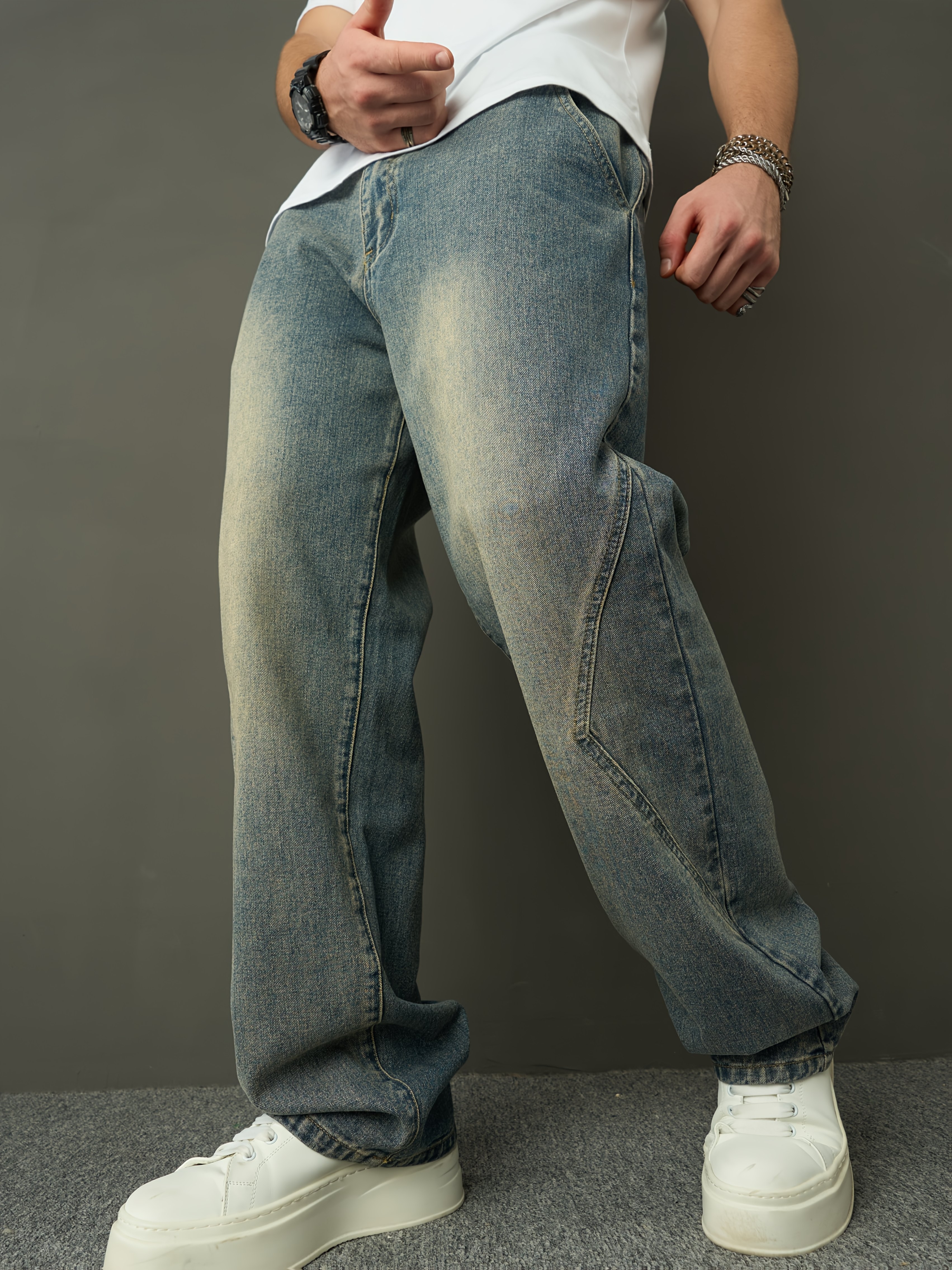 Men S Denim Washed Retro Casual Straight Leg Pants Fashionable And Loose Wide Leg Pants details 4