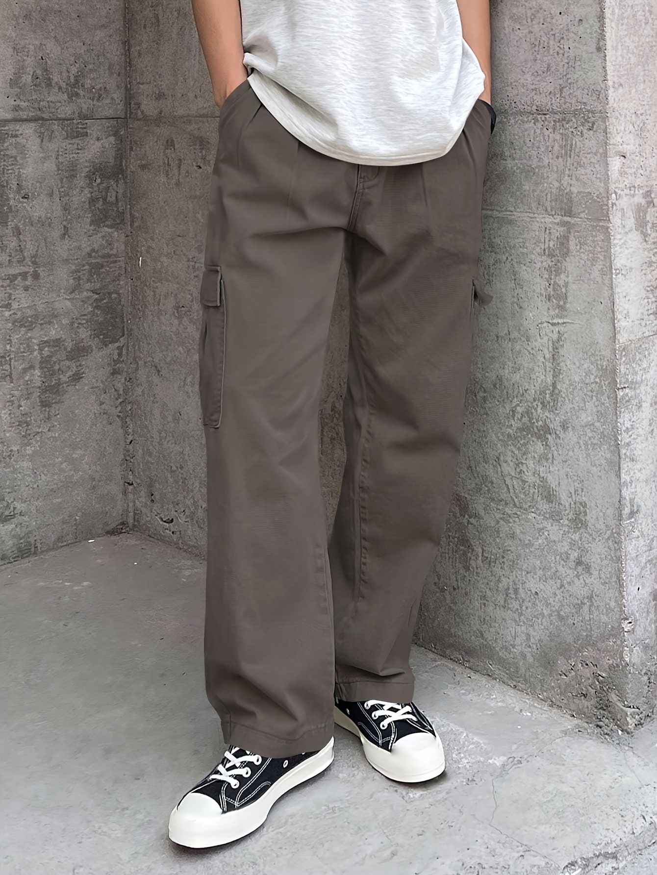 1pc Men S Casual Denim Cargo Pants, Solid Color, Non-Stretch, Regular Length, Suitable for , with Pockets, Woven Fabric, Slim Fit details 0