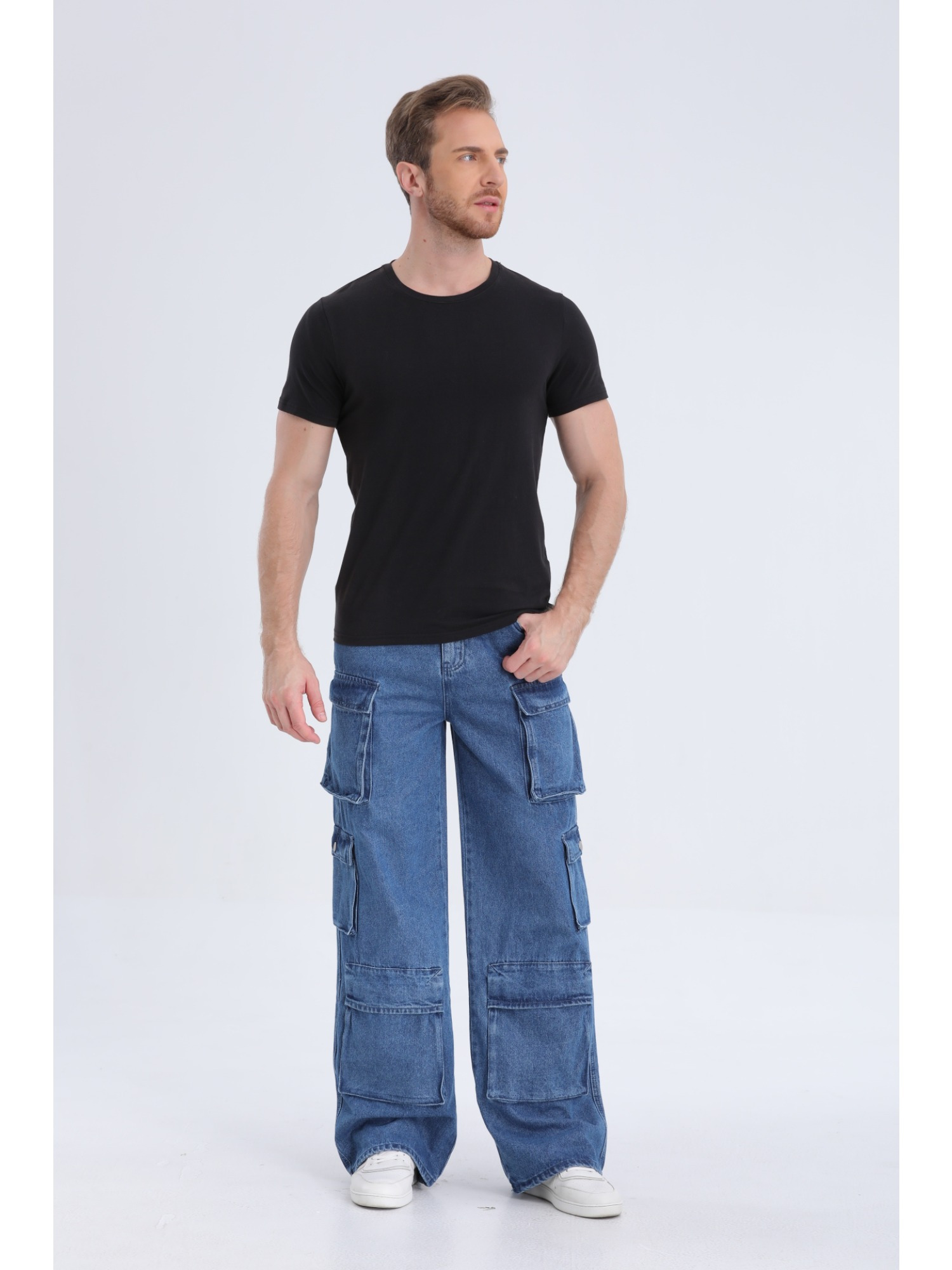 1pc Men S Geometric-Patterned Multi-Pocket Denim Denim - Regular Fit Woven Fabric, Comfortable Basics for Adults details 0