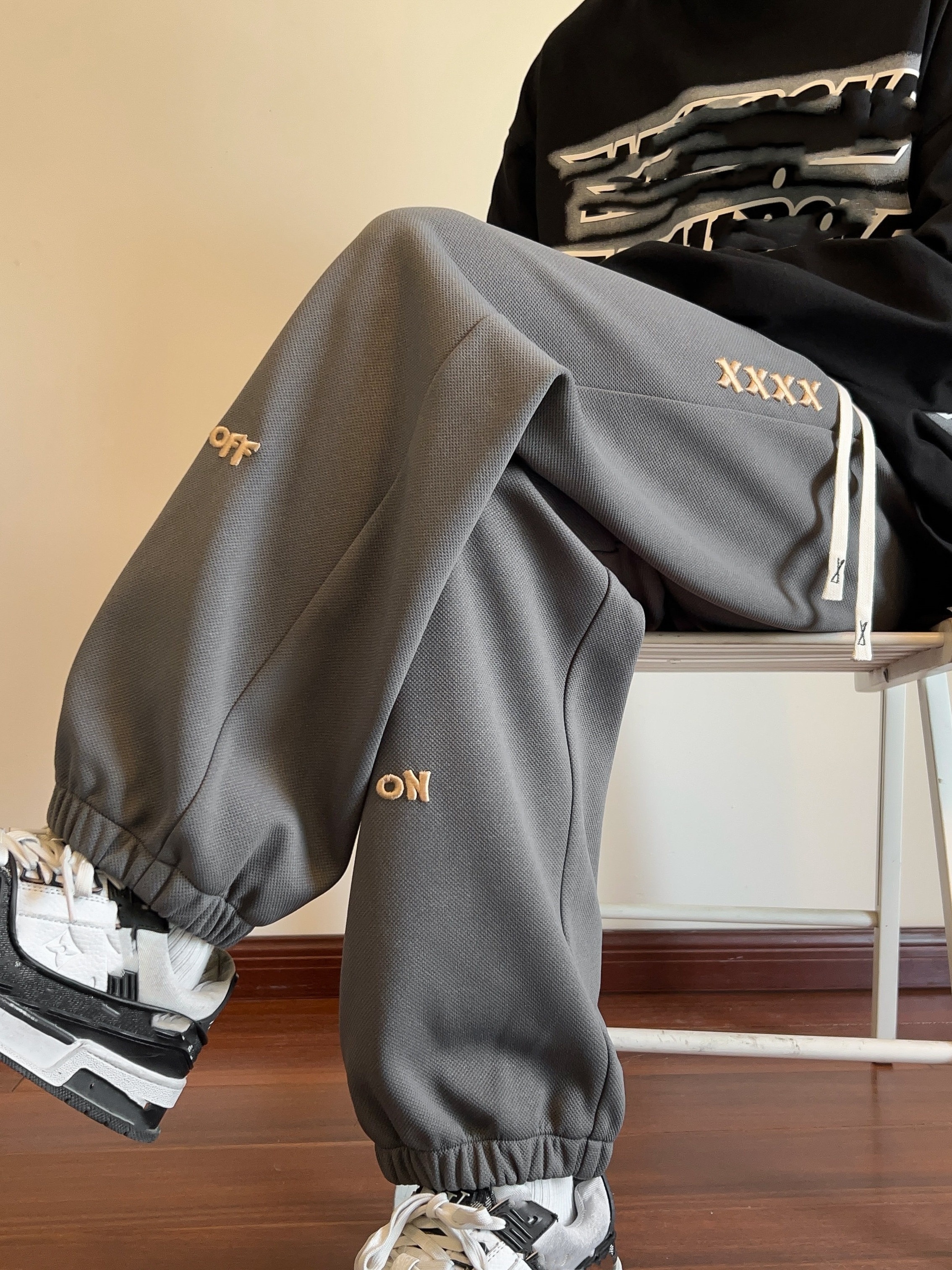 mens off embroidery pants with pockets casual drawstring joggers for outdoor activities gift details 5