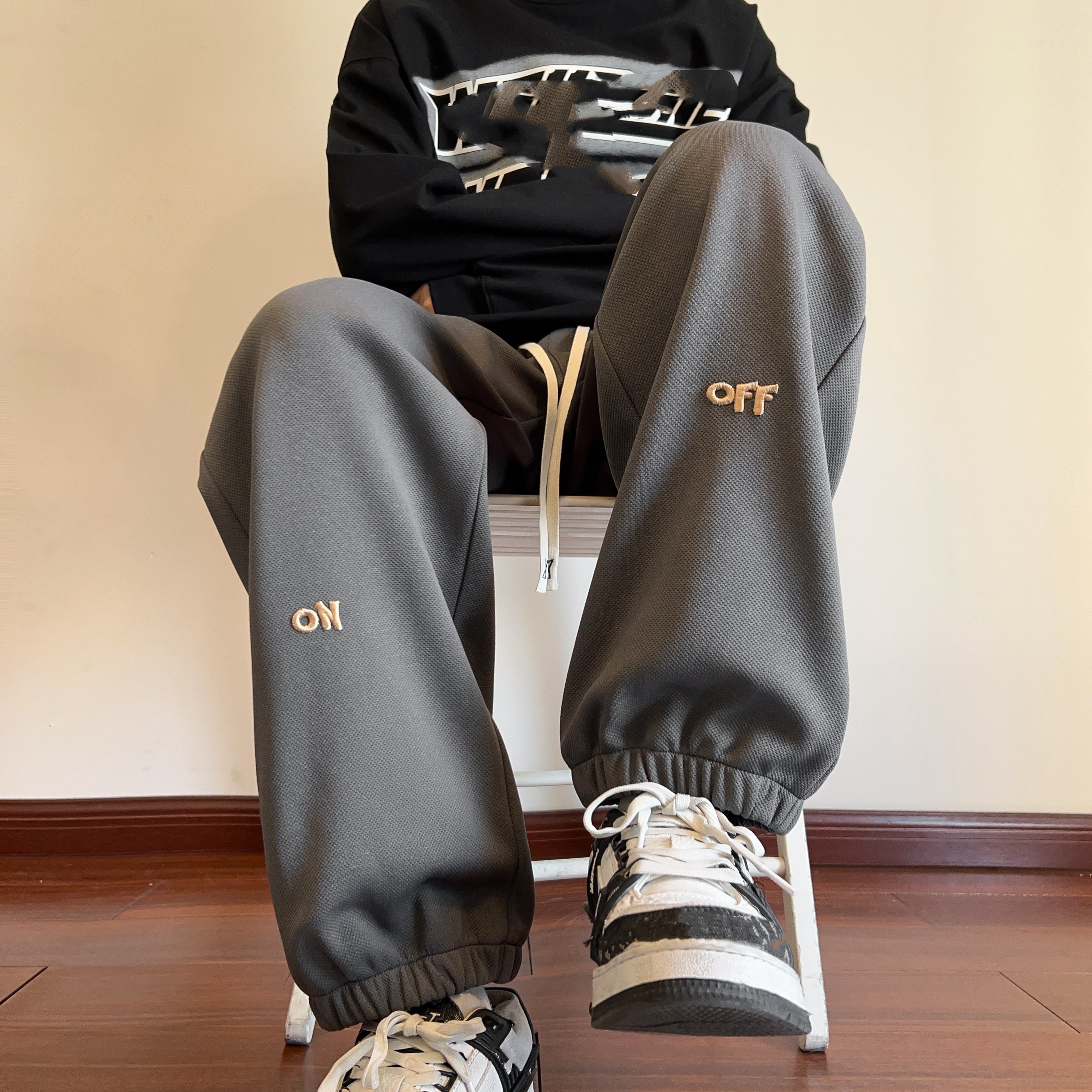 mens off embroidery pants with pockets casual drawstring joggers for outdoor activities gift details 6