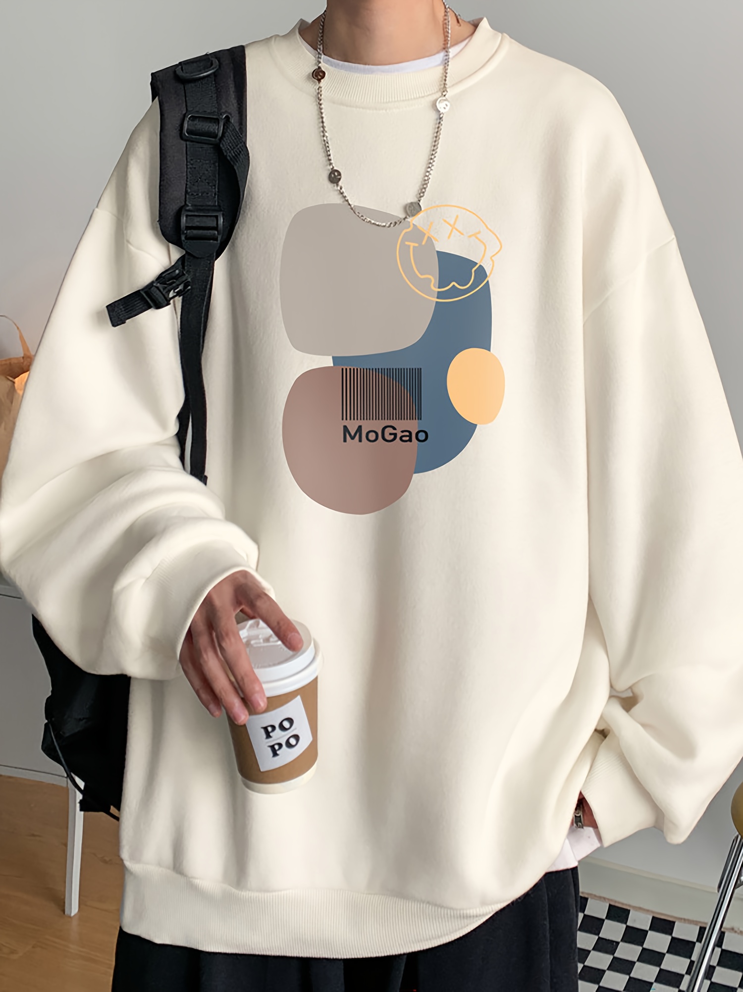 casual geometric sweatshirt for men polyester knit fabric long sleeve regular fit round neck comfortable and trendy unisex hoodie details 0