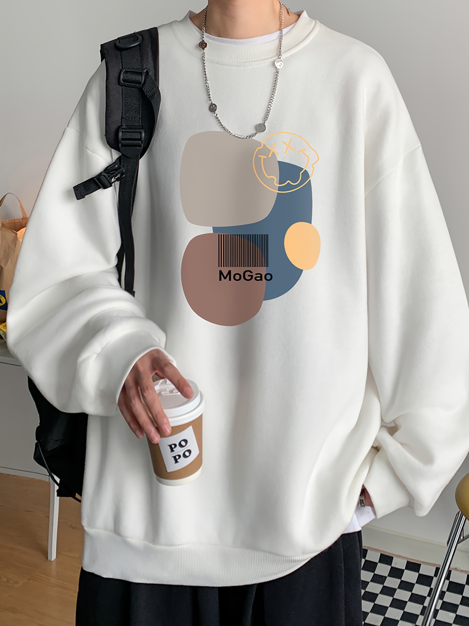 casual geometric sweatshirt for men polyester knit fabric long sleeve regular fit round neck comfortable and trendy unisex hoodie details 5