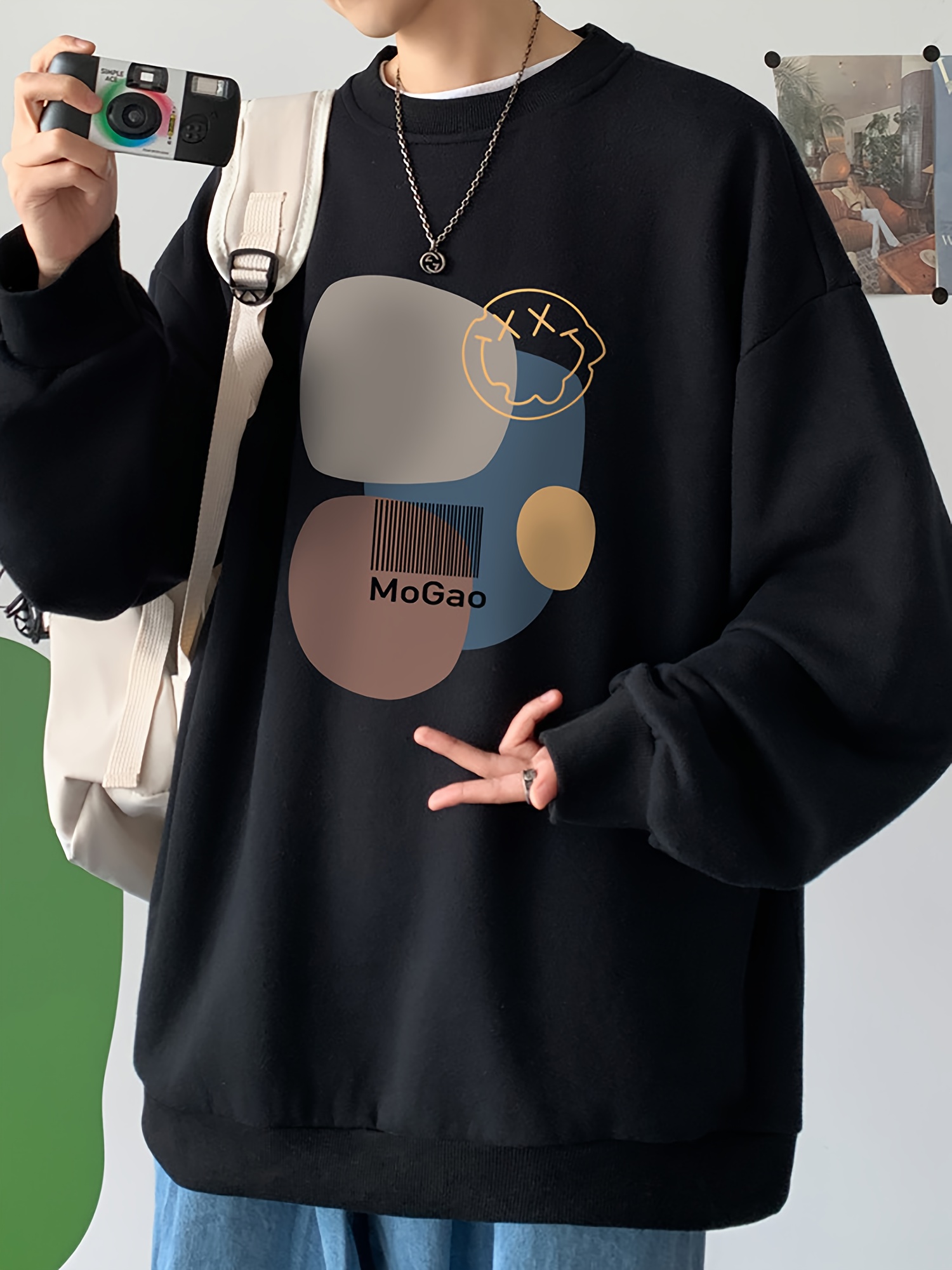 casual geometric sweatshirt for men polyester knit fabric long sleeve regular fit round neck comfortable and trendy unisex hoodie details 14