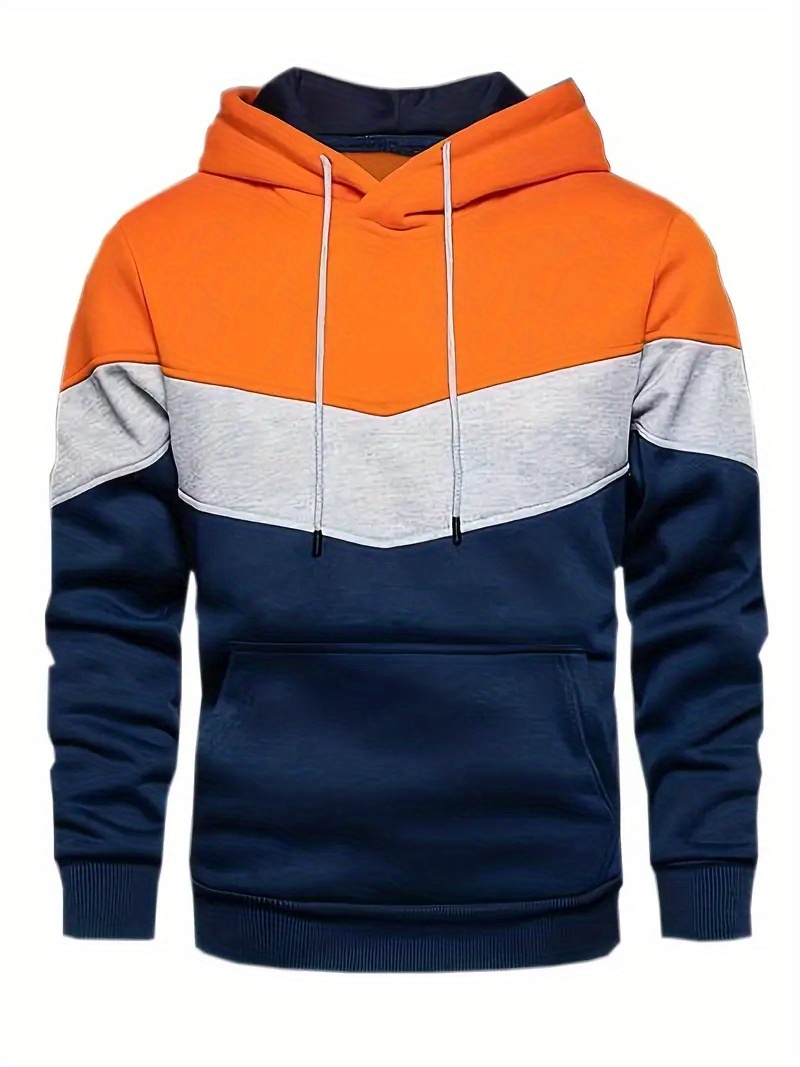 kangaroo pocket drawstring hoodie mens casual color block slightly stretch hooded sweatshirt for details 4