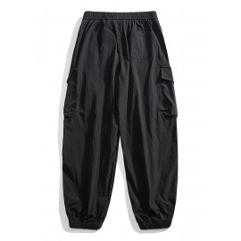 Men's Casual Nylon Cargo Pants with Multiple Pockets - Loose Fit, Solid Color for Spring/Fall
