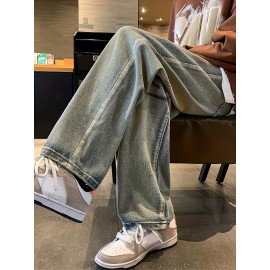 Men's Vintage Denim Jeans, Casual Streetwear Straight Leg Loose Pants For Outdoor Spring Fall