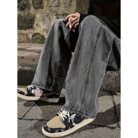 Men's Fashion Solid Loose Fit Straight Leg Jeans, Casual Street Style Denim Pants For Casual Daily Wear