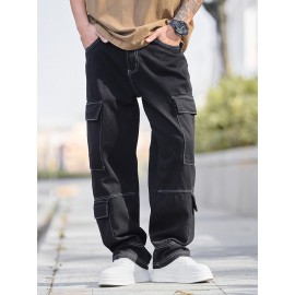 Men'S Street Style Cotton Blend Jeans, Loose Fit Straight Leg Denim Pants, Non-Stretch Solid Color, with Multiple Pockets, for All-Season Trousers