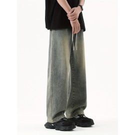 Men's Street Style Wide Leg Denim Jeans, Casual Drawstring Pants, Hip-Hop Loose Fit Jeans
