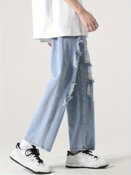 Cotton Blend Ripped Jeans for Adults - Casual Straight-Leg Cropped Pants with Distressed Detail, Non-Stretch Solid Color Summer Denim, Korean Style Hip Hop Fashion