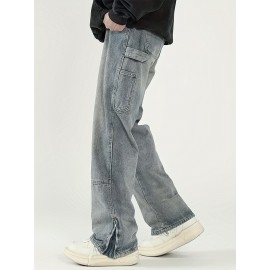 Men's Solid Denim Barrel Pants With Pockets, Vintage Style Cotton Blend Split Jeans For Spring Fall Outdoor Activities