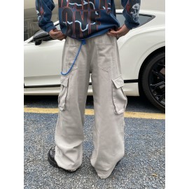 1pc Vintage-Inspired Street Style Loose-Fit Cargo Jeans for Adults, Solid Color Cotton Fabric, Non-Stretch, Multiple Pockets, Regular Length, All-Season Woven Trousers