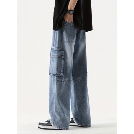 Men's Loose Gradient Color Denim Trousers With Pockets, Causal Drawstring Cotton Blend Jeans For Outdoor Activities