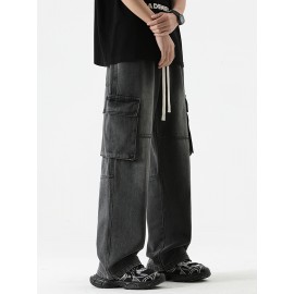 Men's Loose Gradient Color Denim Trousers With Pockets, Causal Drawstring Cotton Blend Jeans For Outdoor Activities