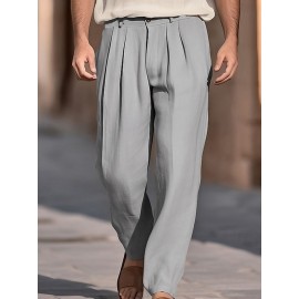 1pc Men'S Casual Wide Leg Pants - Cotton Blend, Solid Color, All-Season, Regular Fit, Slight Stretch, Woven Fabric, Mid Waist with Drawstring and Pleated Front - Versatile for Beach and Daily Wear