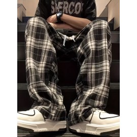 Men's Casual Plaid Long Pants With Drawstring - Basic Straight-Leg Trousers For Casual Wear