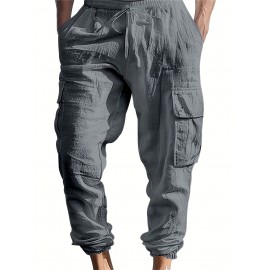 Men's Casual Cargo Pants with Drawstring - Soft, Loose Fit with Multiple Pockets, Solid Color, Machine Washable