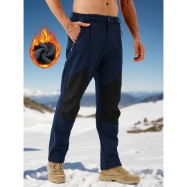 1pc ZUTY Men'S Fleece-Lined Waterproof Ski Pants, Softshell Color Block Sports Style with Zipper, Slight Stretch Polyester, Regular Fit for Snowboarding, Hiking - Woven Outdoor Trousers