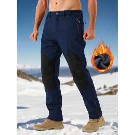 1pc ZUTY Men'S Fleece-Lined Waterproof Ski Pants, Softshell Color Block Sports Style with Zipper, Slight Stretch Polyester, Regular Fit for Snowboarding, Hiking - Woven Outdoor Trousers