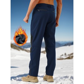 1pc ZUTY Men'S Fleece-Lined Waterproof Ski Pants, Softshell Color Block Sports Style with Zipper, Slight Stretch Polyester, Regular Fit for Snowboarding, Hiking - Woven Outdoor Trousers