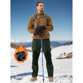 1pc ZUTY Men'S Fleece-Lined Waterproof Ski Pants, Softshell Color Block Sports Style with Zipper, Slight Stretch Polyester, Regular Fit for Snowboarding, Hiking - Woven Outdoor Trousers