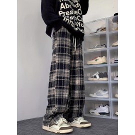 Men's Loose Fit Plaid Trousers, Breathable Comfort, Drawstring & Pockets