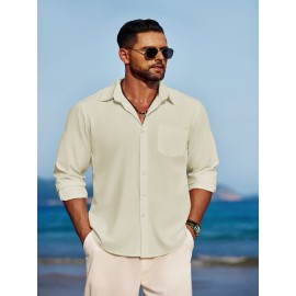 Men'S Polyester Chambray Casual Dress Shirt, Sexy Lapel Collar, Long Sleeve, Solid Color, Slight Stretch Fabric, with Front Slit Hem, Single Breasted Placket, for All-Season Party Wear