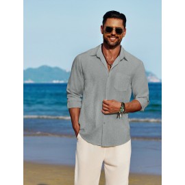Men'S Polyester Chambray Casual Dress Shirt, Sexy Lapel Collar, Long Sleeve, Solid Color, Slight Stretch Fabric, with Front Slit Hem, Single Breasted Placket, for All-Season Party Wear