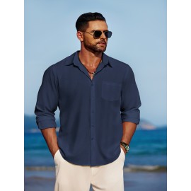 Men'S Polyester Chambray Casual Dress Shirt, Sexy Lapel Collar, Long Sleeve, Solid Color, Slight Stretch Fabric, with Front Slit Hem, Single Breasted Placket, for All-Season Party Wear