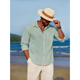 Men'S Polyester Chambray Casual Dress Shirt, Sexy Lapel Collar, Long Sleeve, Solid Color, Slight Stretch Fabric, with Front Slit Hem, Single Breasted Placket, for All-Season Party Wear