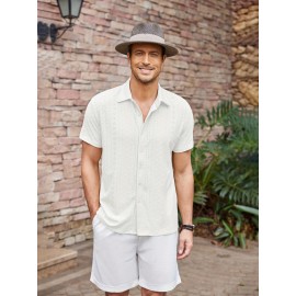 Men's Casual Button-Down Beach Shirt - Short Sleeve, Stretch Fabric, Summer Tropical Top with Turquoise Collar