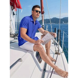 Men's Casual Button-Down Beach Shirt - Short Sleeve, Stretch Fabric, Summer Tropical Top with Turquoise Collar