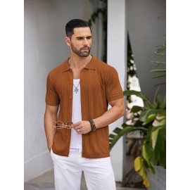 Men'S Summer Casual Knit Button-Down Lapel Shirts - Regular Fit, Slight Stretch Fabric, Solid Color Short Sleeve Casual Shirt with Button Detail