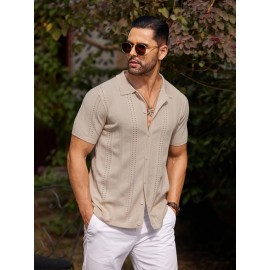Men'S Summer Casual Knit Button-Down Lapel Shirts - Regular Fit, Slight Stretch Fabric, Solid Color Short Sleeve Casual Shirt with Button Detail