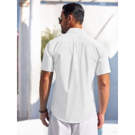 Men's Casual Button Down Cotton Shirts Short Sleeve Band Collar Beach Summer Shirt Tops