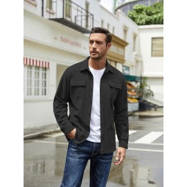 1pc Men'S Casual Polyester Shirting Jacket - Solid Color Long Sleeve Button Down Shacket with Pockets, Non-Stretch Knit Fabric, Regular Fit for Spring/Fall