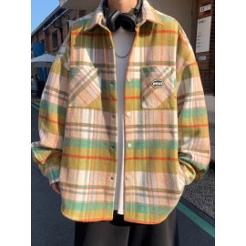 Color Block Plaid Men's Retro Long Sleeve Button Down Shirt With Chest Pockets, Spring Fall Casual Outdoor Loose Shirt