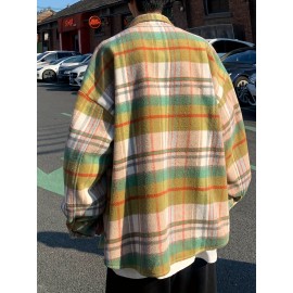 Color Block Plaid Men's Retro Long Sleeve Button Down Shirt With Chest Pockets, Spring Fall Casual Outdoor Loose Shirt