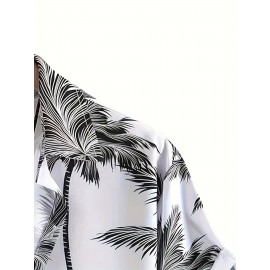Tropical Coconut Tree Pattern Print Men's Short Sleeve Button Up Lapel Shirt For Summer Resort Holiday, Hawaiian Style