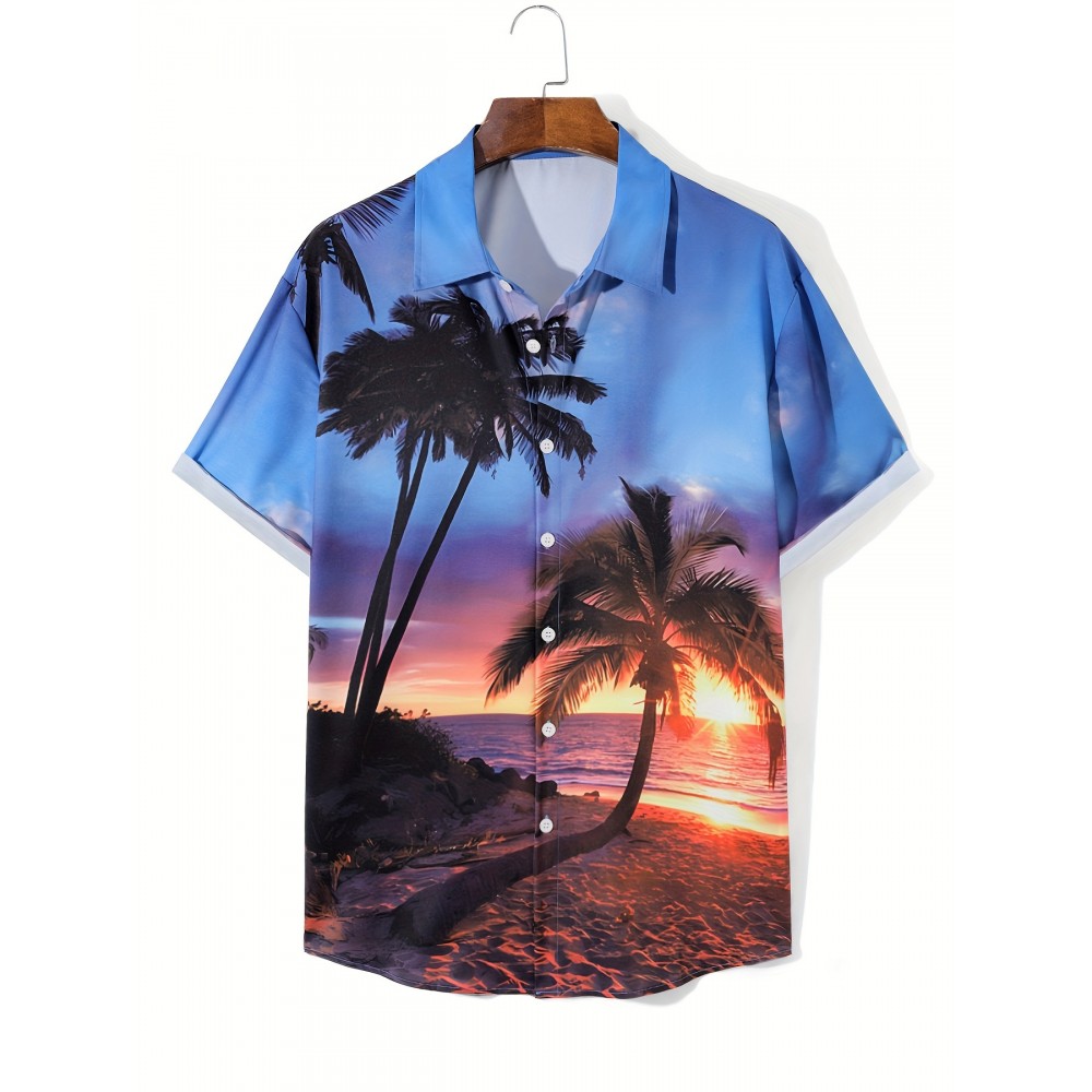 Beach Sunset Pattern 3D Printed Men's Fashion Short Sleeve Button Up Lapel Hawaiian Style Shirt For Summer Resort Vacation