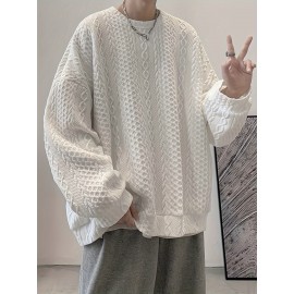 Trendy Cable Sweatshirt, Men's Casual Solid Crew Neck Sweatshirt For Men Fall Winter