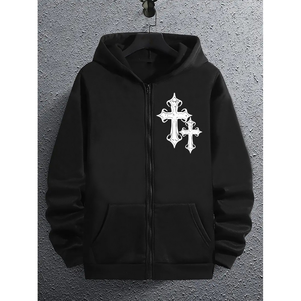 Men's Fashion Geometric Cross Print Hoodie with Comfort Pockets, Full Zip Regular Fit Polyester Knit Fabric Hooded Sweatshirt with Slight Stretch - All Season Style